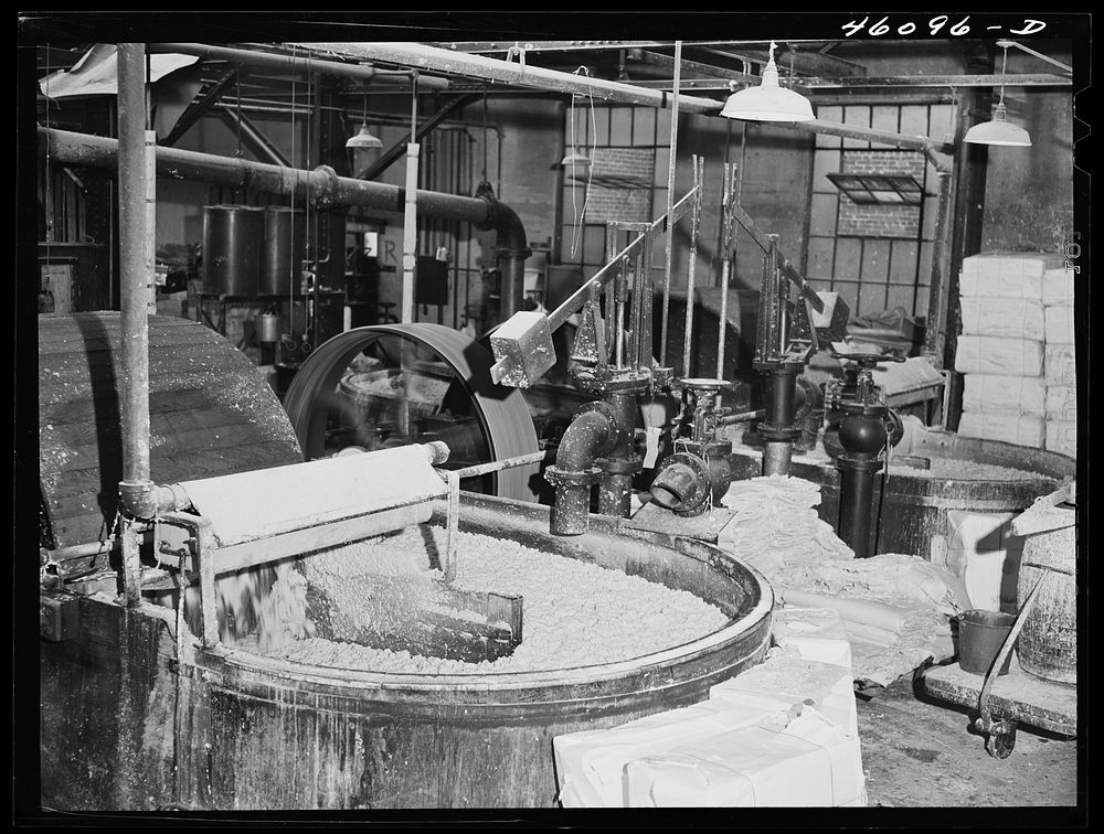 Vat in which paper pulp is churned at the Mississquoi Corporation paper mill in Sheldon Springs, Vermont. Sourced from the…