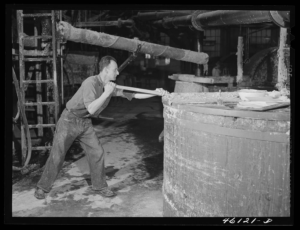 Stirring paper pulp in a large vat at the Mississquoi Corporation paper mill in Sheldon Springs, Vermont. Sourced from the…