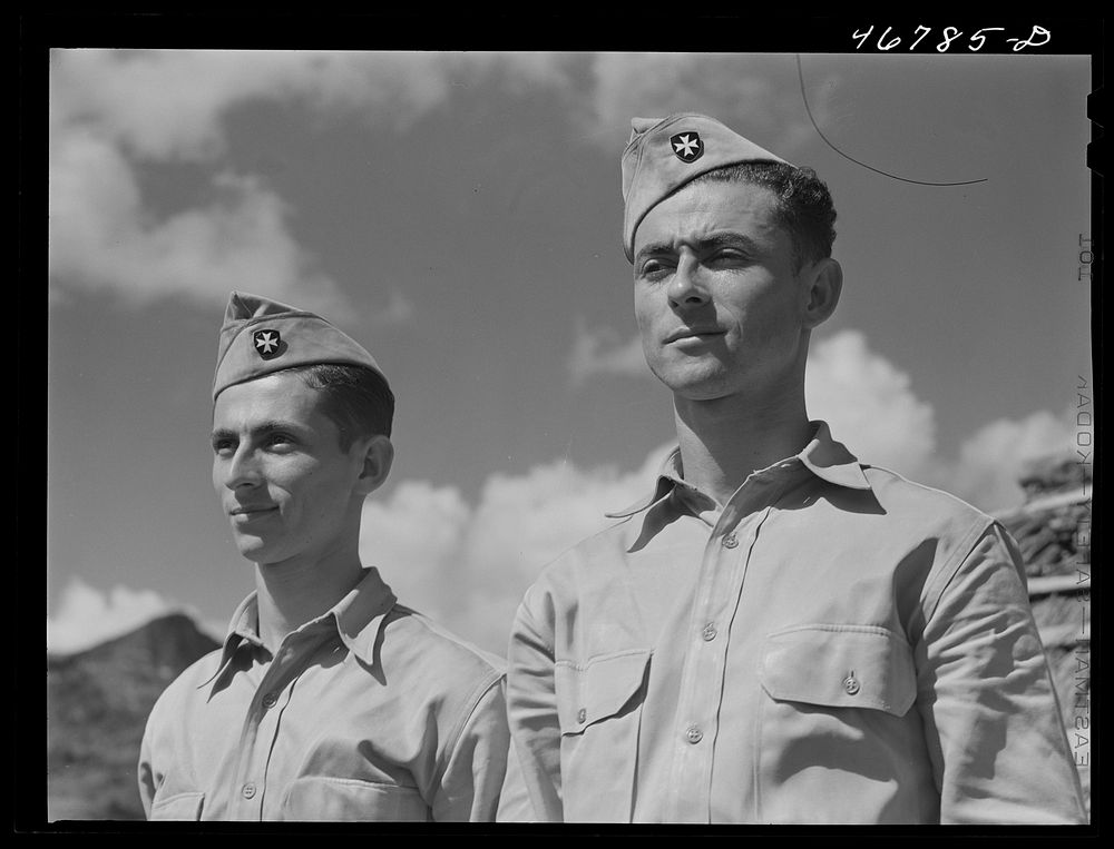 Corozal, Puerto Rico (vicinity). Puerto Rican soldiers who attended the tenant purchase celebration on a farm. Sourced from…