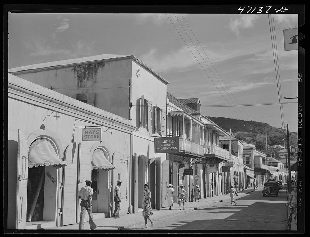 Charlotte Amalie, Saint Thomas Island, Virgin Islands. Along the main street. Sourced from the Library of Congress.