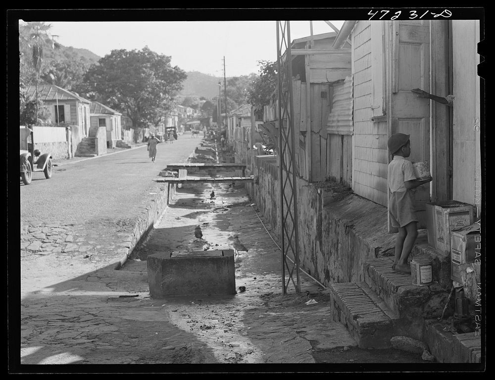 Charlotte Amalie, Saint Thomas Island, Virgin Islands. Open sewers along the street. Sourced from the Library of Congress.