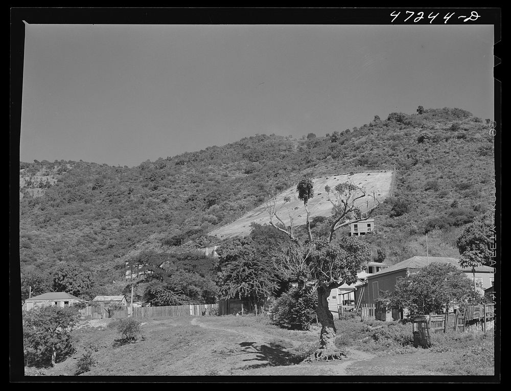 Charlotte Amalie, Saint Thomas Island, Virgin Islands. One of the catchment areas on a hillside for catching and storing…