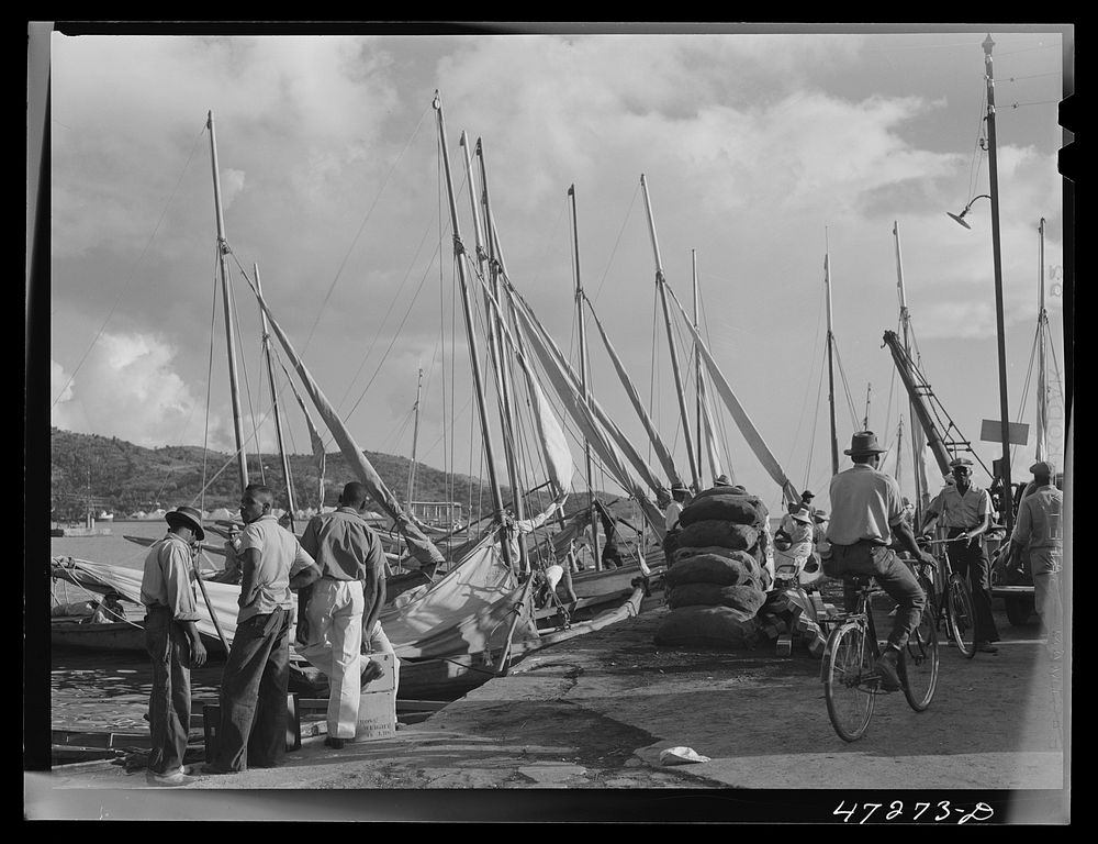 [Untitled photo, possibly related to: Charlotte Amalie, Saint Thomas Island, Virgin Islands. Fish and supply boats are tied…