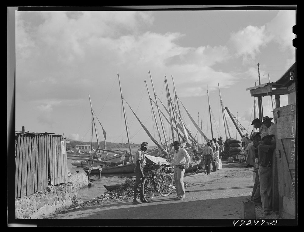 [Untitled photo, possibly related to: Charlotte Amalie, Saint Thomas Island, Virgin Islands. Fish and supply boats are tied…