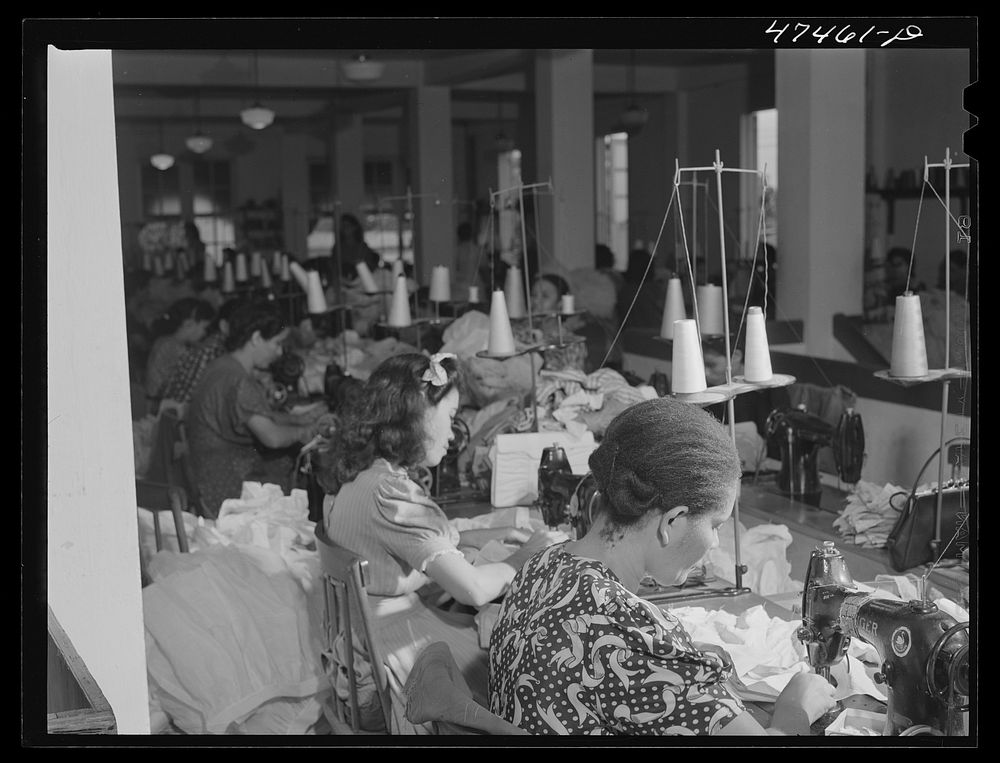 [Untitled photo, possibly related to: Santurce, Puerto Rico. Women working at the Rodriguez needlework factory. Minimum wage…
