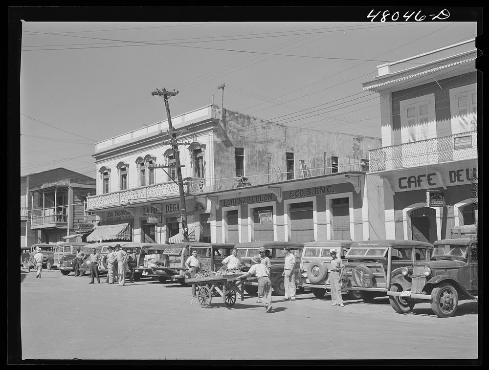 [Untitled photo, possibly related to: Arecibo, Puerto Rico. A row of station wagons or "publicos" waiting for loads and…