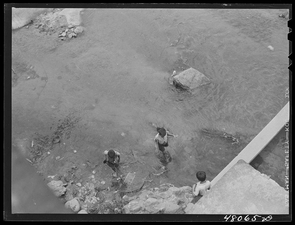 San Sebastian, Puerto Rico (vicinity). Children playing in a contaminated river. Sourced from the Library of Congress.