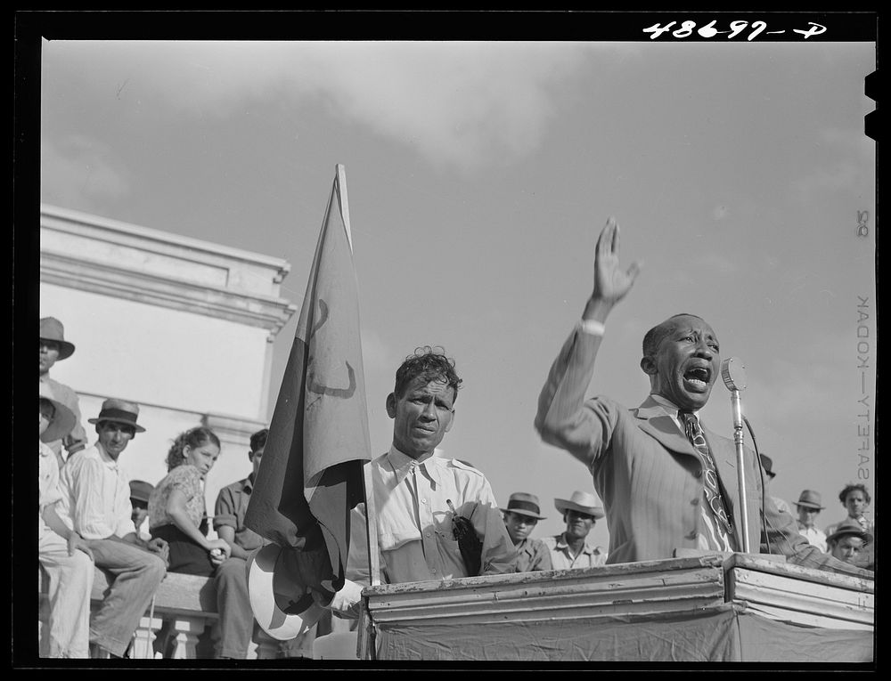 [Untitled photo, possibly related to: Yabucoa, Puerto Rico. Union leader speaking to strikers at a meeting in the plaza].…