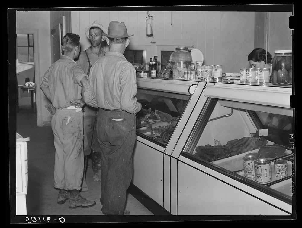 Buying meats, community store. Tygart Valley homesteaders, West Virginia. Sourced from the Library of Congress.