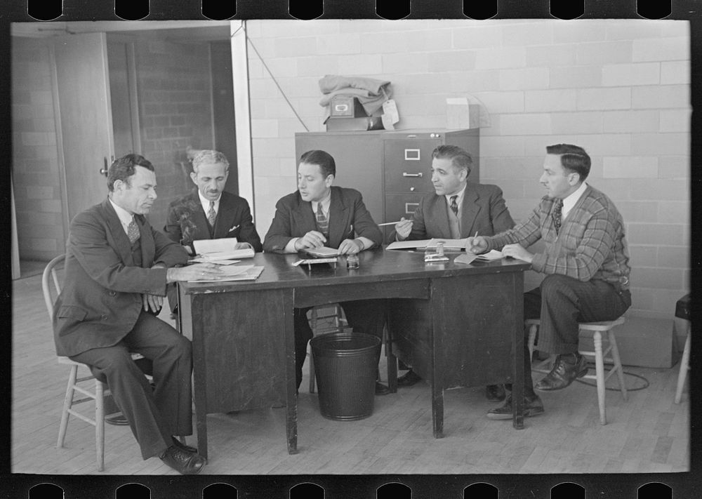 [Untitled photo, possibly related to: A meeting of the industrial committee, Jersey Homesteads Hightstown, New Jersey] by…