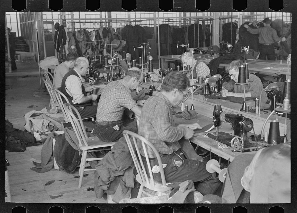 Some of the operators at the Jersey Homesteads garment factory working at their machines for union wages and under union…