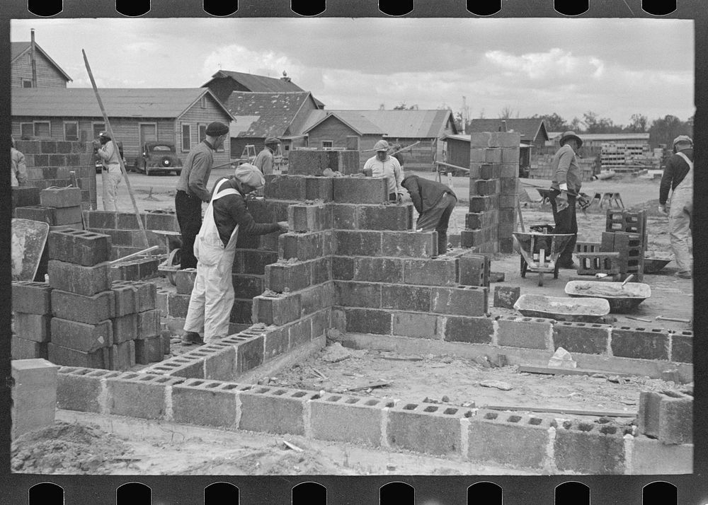 Cinder block construction, Jersey Homesteads, Hightstown, New Jersey by Russell Lee