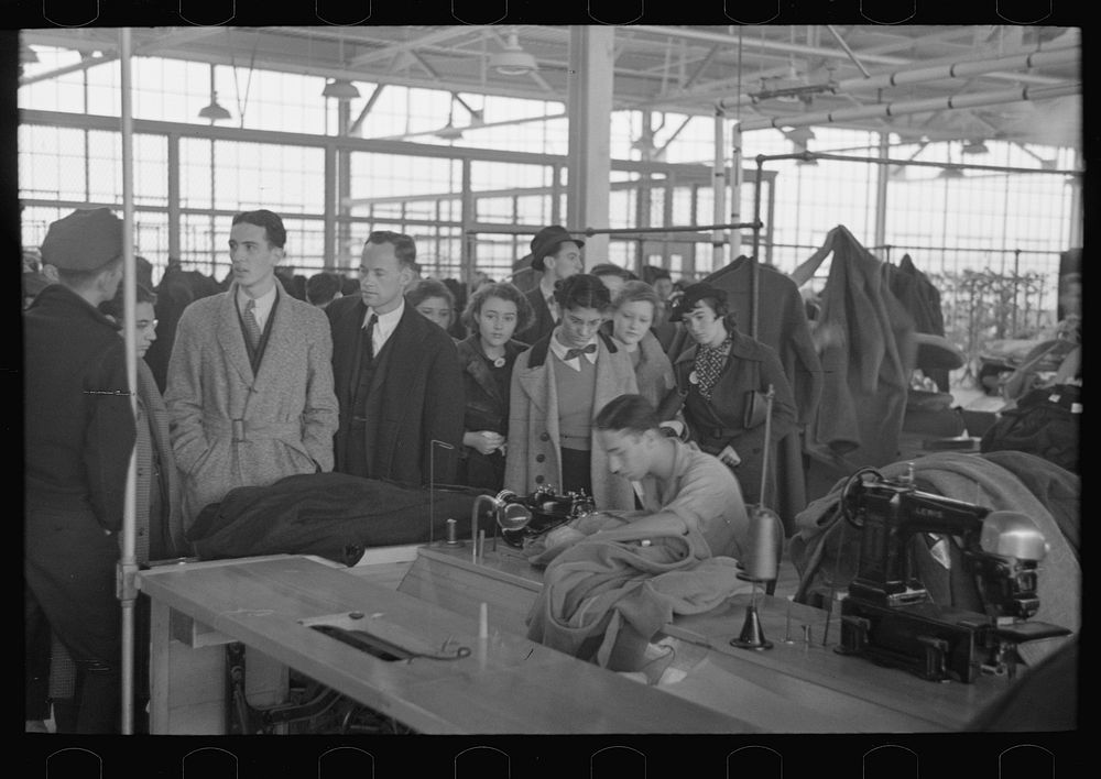 [Untitled photo, possibly related to: Visitors being shown through factory at the New Jersey Homesteads] by Russell Lee