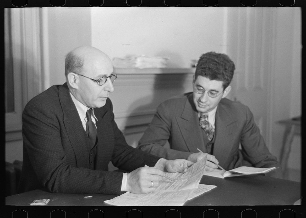 Samuel J. Finkler and his assistant, Harry Glanz. They are in charge of family selection at Jersey Homesteads, New Jersey by…