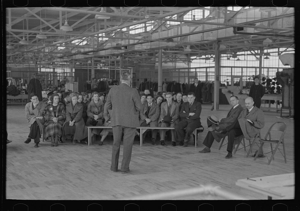 Director of information, Jersey Homesteads, speaking to visitors of the factory, Hightstown, New Jersey by Russell Lee