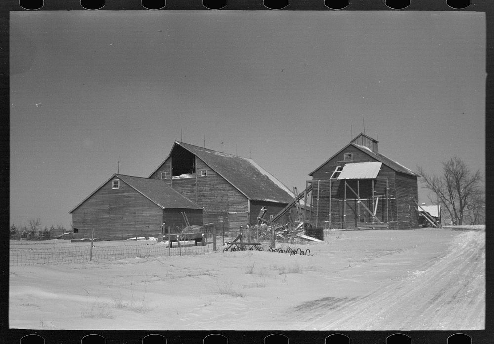 [Untitled photo, possibly related to: Farm buildings, Rustan brothers' farm, Dickens, Iowa] by Russell Lee