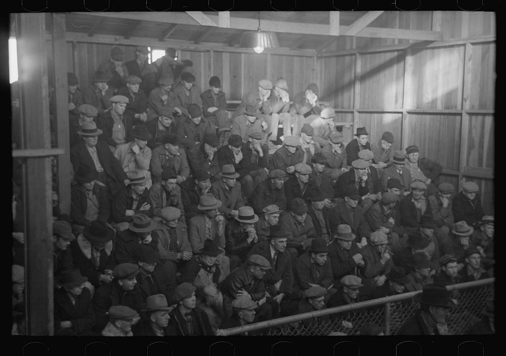 Farmers in gallery of livestock sales hall, Ames, Iowa by Russell Lee