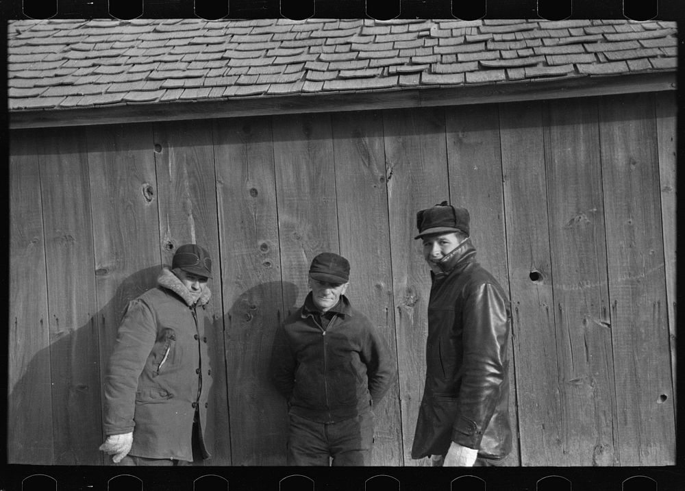 [Untitled photo, possibly related to: Farmers in shed at country auction near Aledo, Mercer County, Illinois] by Russell Lee