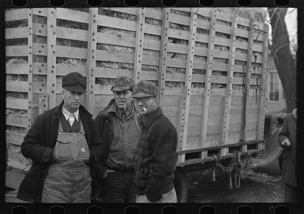 A group of farmers on sale day in Mapleton, Iowa by Russell Lee