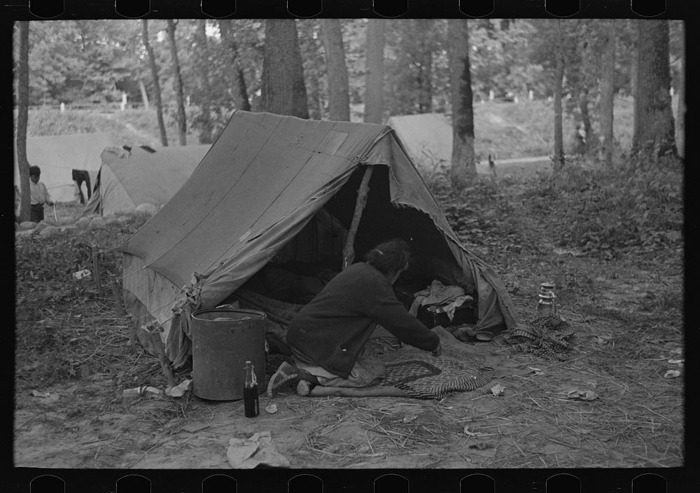[Untitled photo, possibly related to: Woman in front of tent, blueberry camp, near Little Fork, Minnesota] by Russell Lee