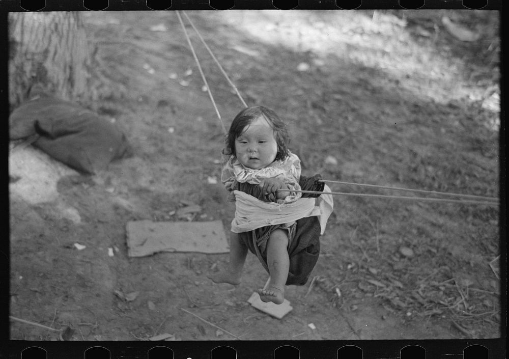 Indian papoose in swing near Little Fork, Minnesota by Russell Lee