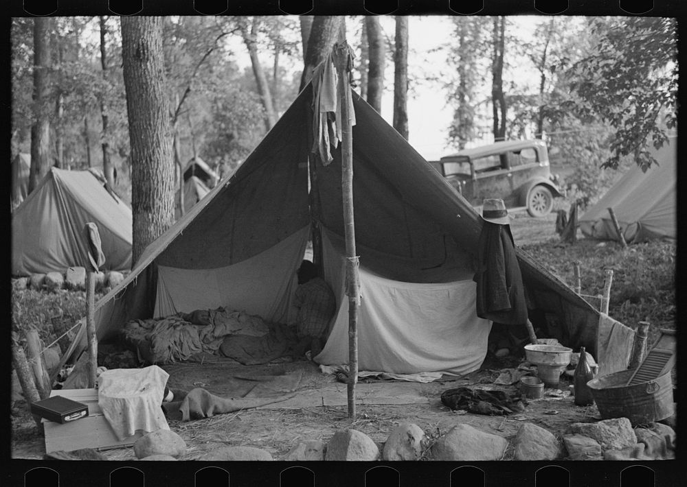Tent in blueberry pickers' camp, near Little Fork, Minnesota by Russell Lee