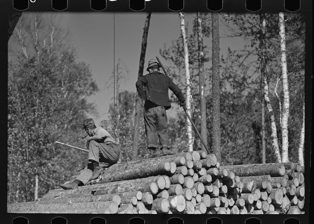 [Untitled photo, possibly related to: Loaders pushing logs into place while loading car, lumbercamp near Effie, Minnesota]…
