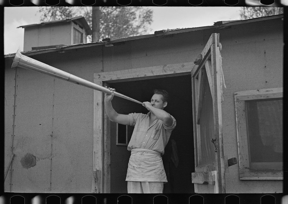 Camp cook blowing dinner horn, at camp near Effie, Minnesota by Russell Lee