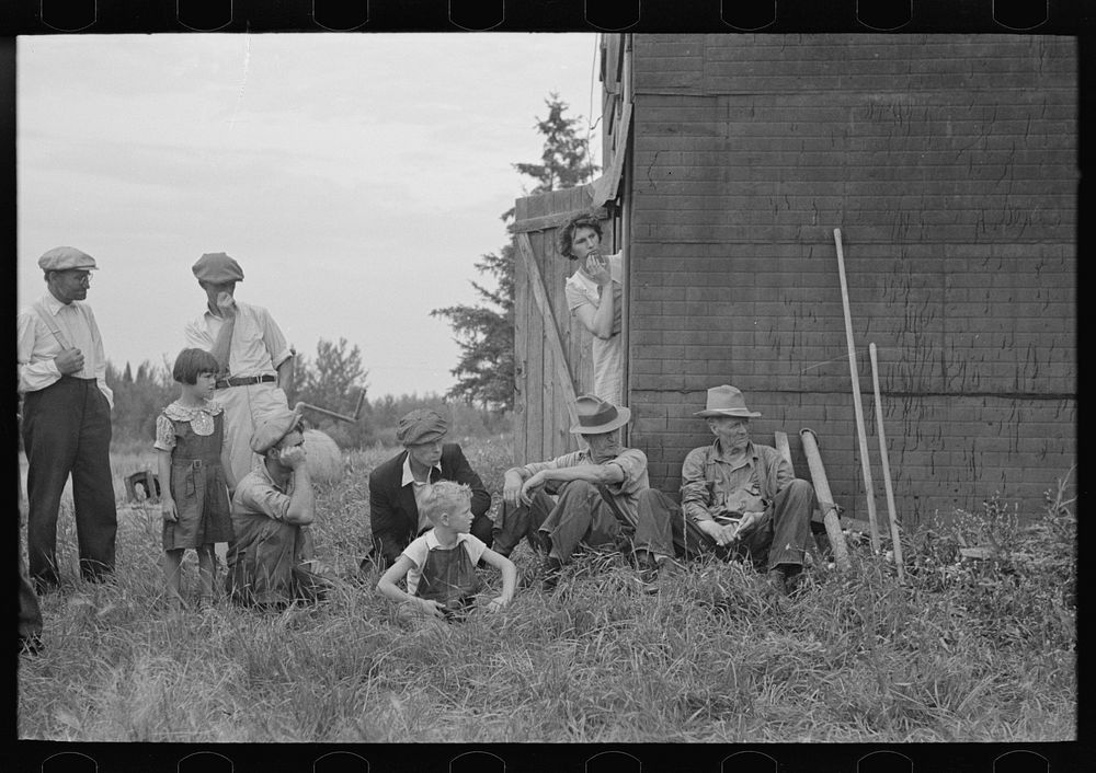 [Untitled photo, possibly related to: Group of farmers at S.W. Sparlin auction sale, Orth, Minnesota] by Russell Lee