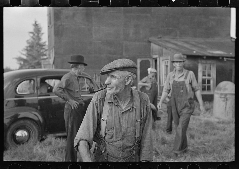 [Untitled photo, possibly related to: Group of people at the S.W. Sparlin auction sale, Orth, Minnesota] by Russell Lee
