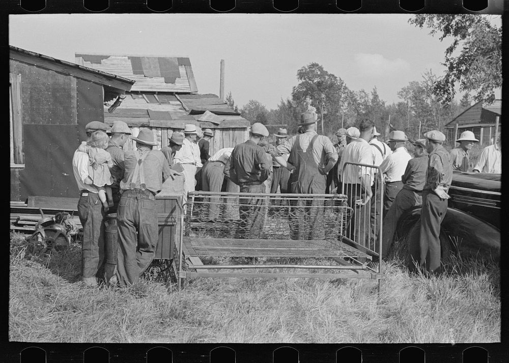 Group of people at the S.W. Sparlin auction sale, Orth, Minnesota by Russell Lee