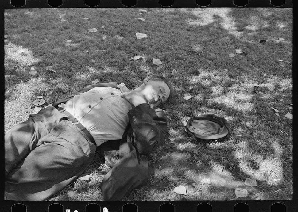 [Untitled photo, possibly related to: Transient laborer asleep in park, Gateway District, Minneapolis, Minnesota] by Russell…