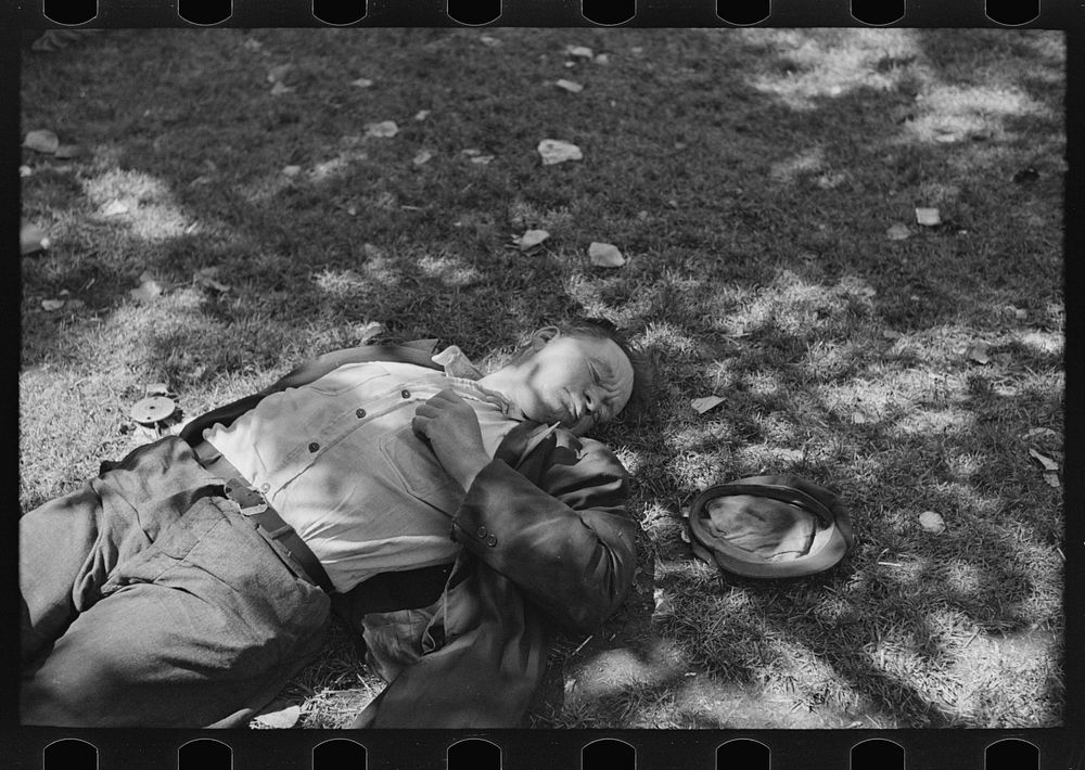 [Untitled photo, possibly related to: Transient laborer asleep in park, Gateway District, Minneapolis, Minnesota] by Russell…