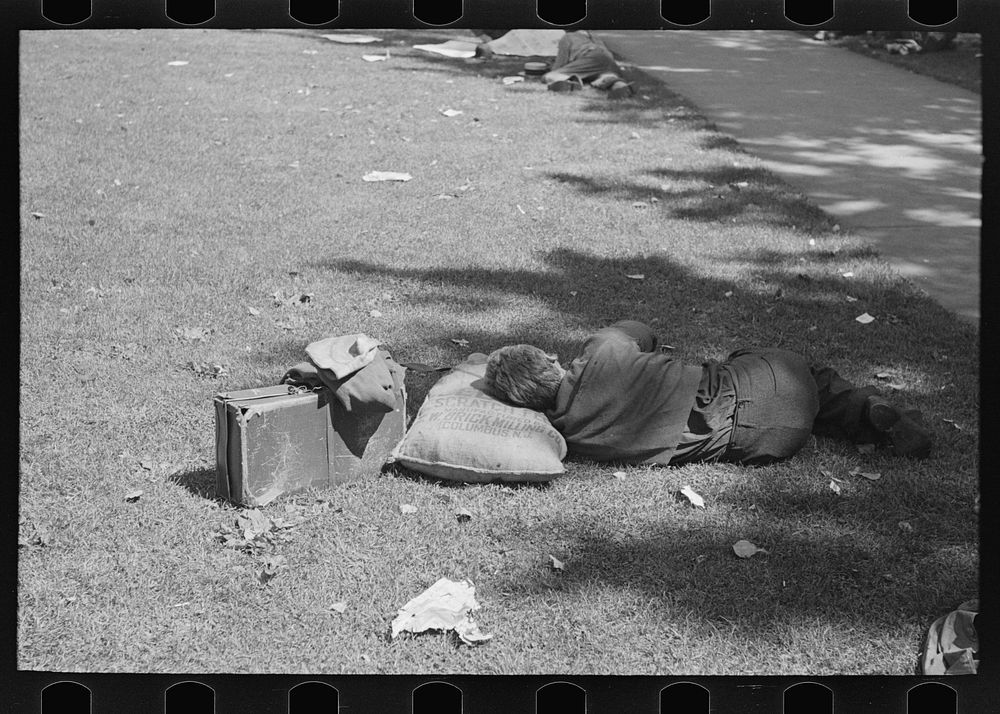 Man asleep in park, Gateway District, Minneapolis, Minnesota by Russell Lee