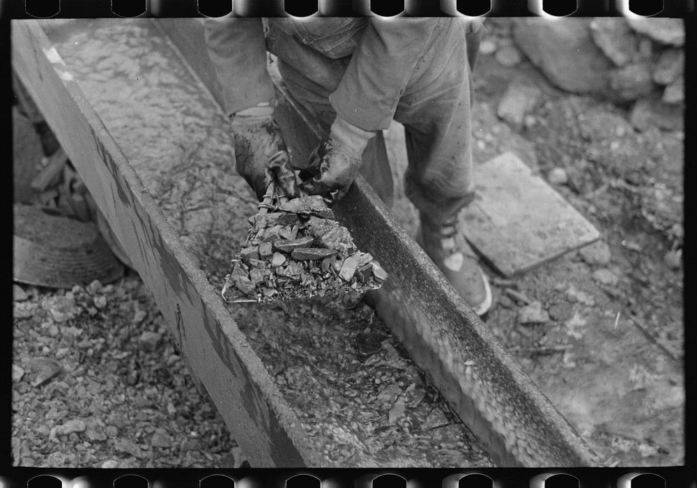 Gold miner working in sluice box, Two Bit Creek, South Dakota by Russell Lee