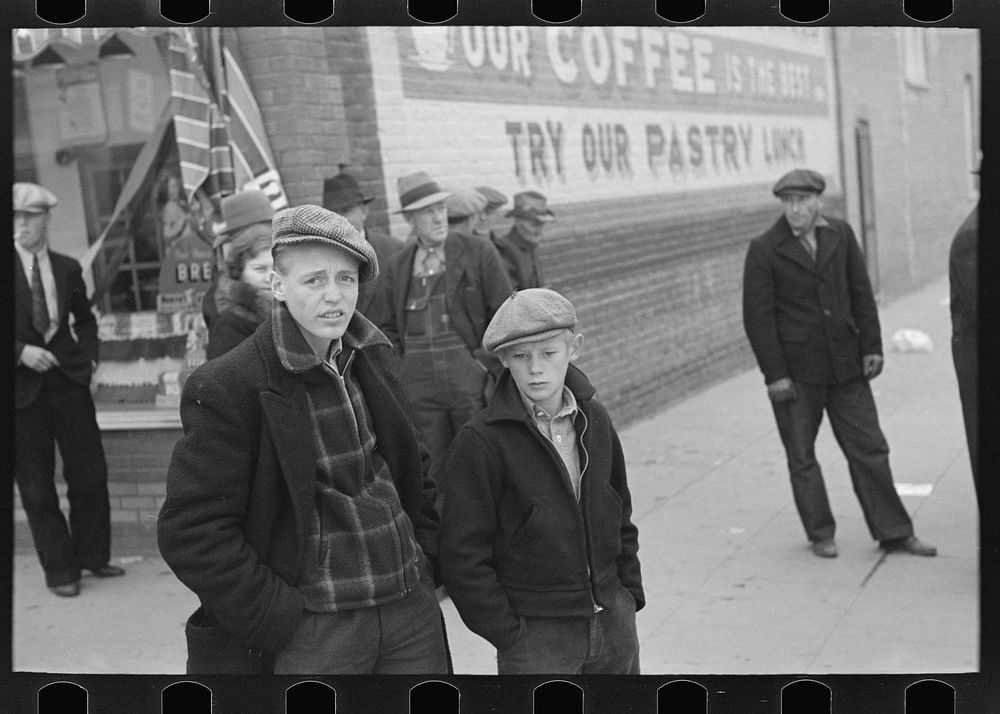 [Untitled photo, possibly related to: Farmers in town Saturday afternoon, Williston, North Dakota] by Russell Lee