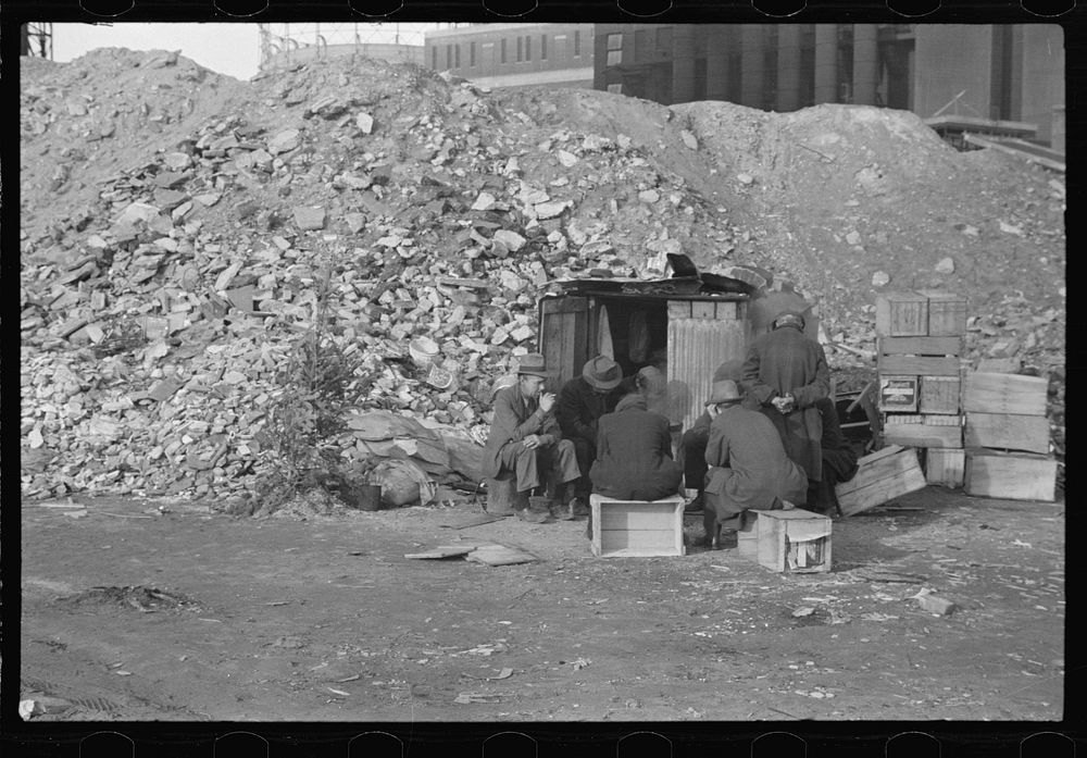 [Untitled photo, possibly related to: Unemployed workers in front of a shack with Christmas tree, East 12th Street, New York…