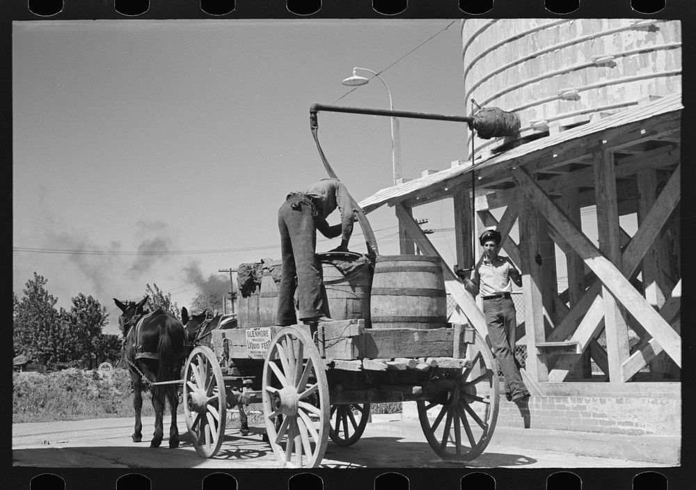 Loading liquid feed onto truck from tanks at distillery near Owensboro, Kentucky by Russell Lee