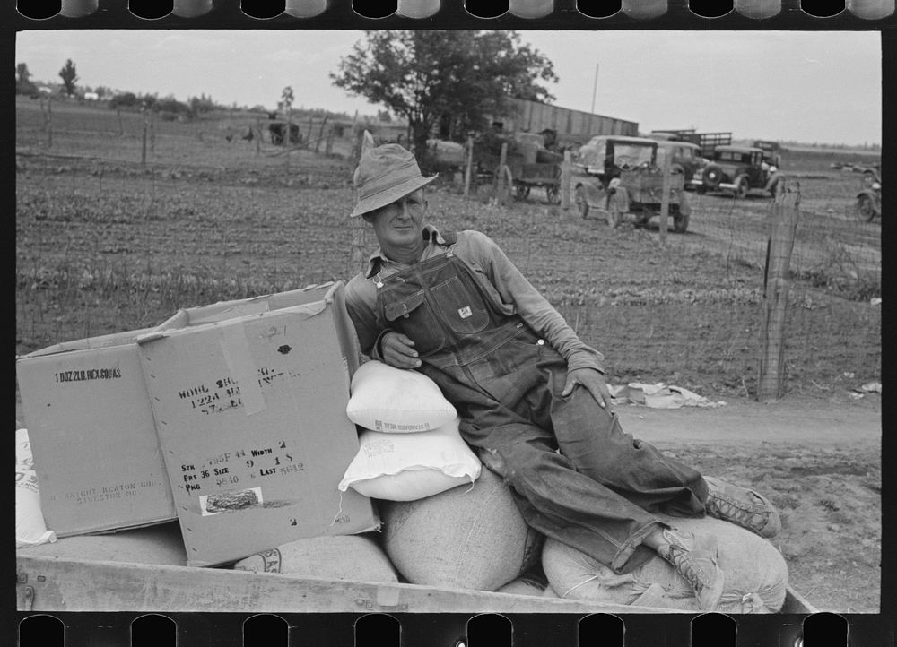 Southeast Missouri Farms. FSA (Farm Security Administration) client sitting on load of groceries in trailer by Russell Lee