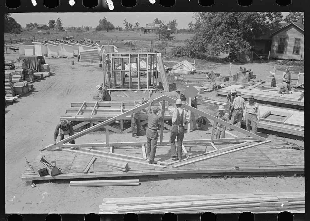 [Untitled photo, possibly related to: House plant. Making up truss in jig. Southeast Missouri Farms Project] by Russell Lee