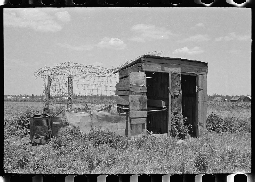 [Untitled photo, possibly related to: Combination henhouse and privy, Southeast Missouri Farms] by Russell Lee