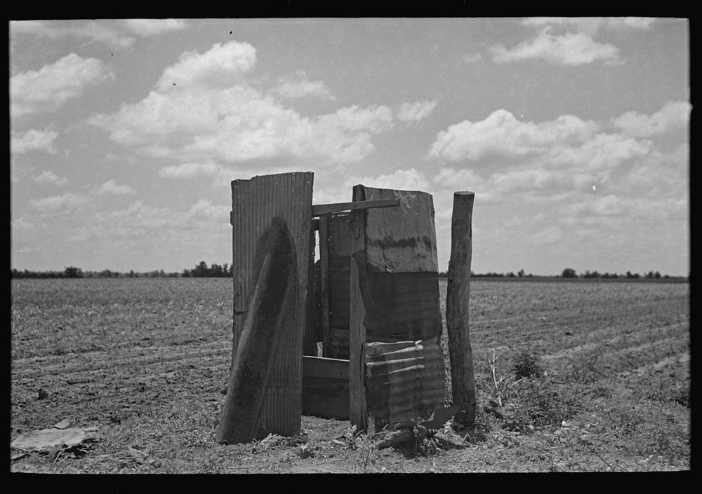 [Untitled photo, possibly related to: Privy on sharecropper's old farm unit, Southeast Missouri Farms] by Russell Lee