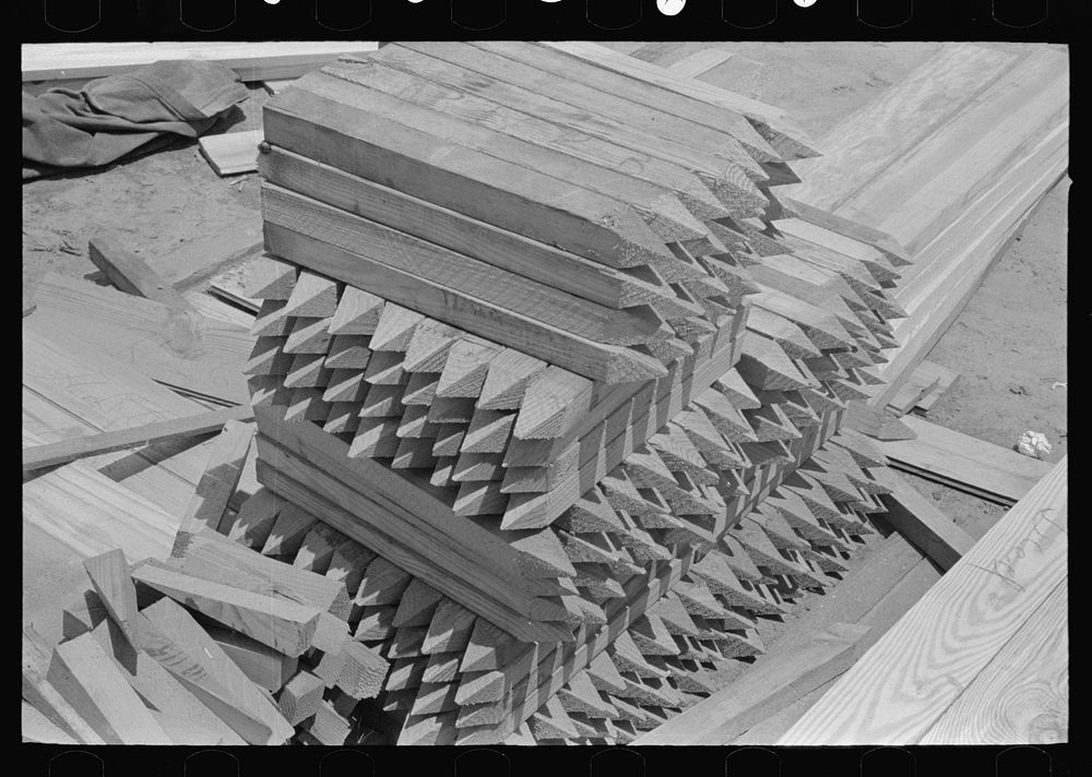 Stack of engineering stakes precut in the shop house plant. Southeast Missouri Farms Project by Russell Lee