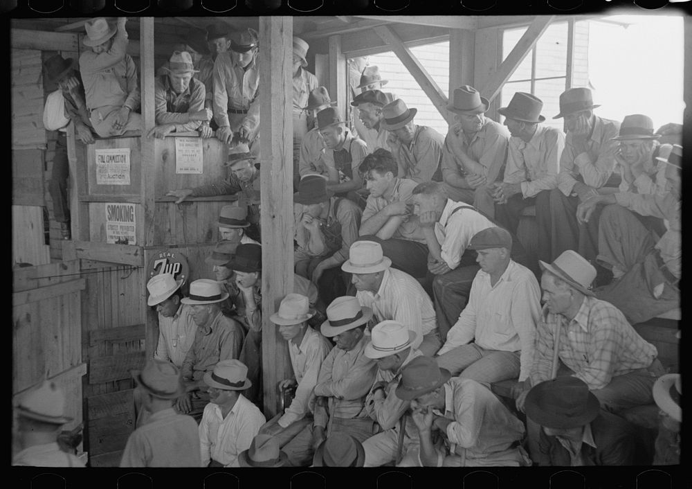 Farmers and spectators at auction, Sikeston, Missouri by Russell Lee