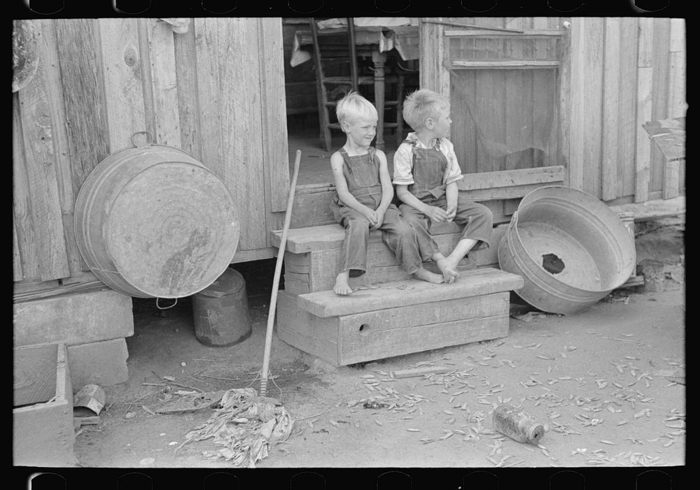 Children of sharecropper sitting on steps of cabin home, New Madrid County, Missouri by Russell Lee