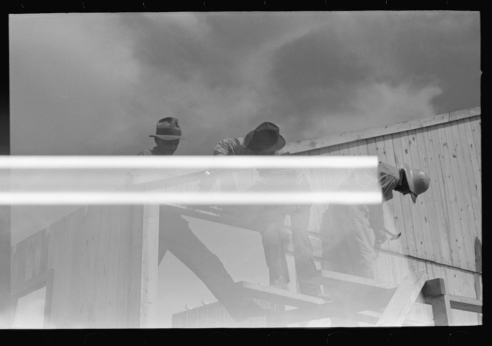 [Untitled photo, possibly related to: Barn erection. Sliding last half of one gable end into place. Note that gable end…