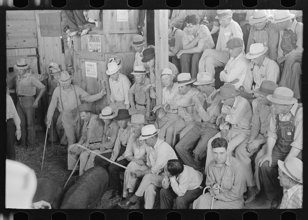 [Untitled photo, possibly related to: Farmers at livestock auction, Sikeston, Missouri] by Russell Lee