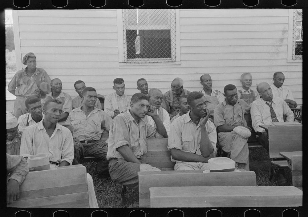  clients listening to visiting public health official, Southeast Missouri Farms. La Forge, Missouri by Russell Lee