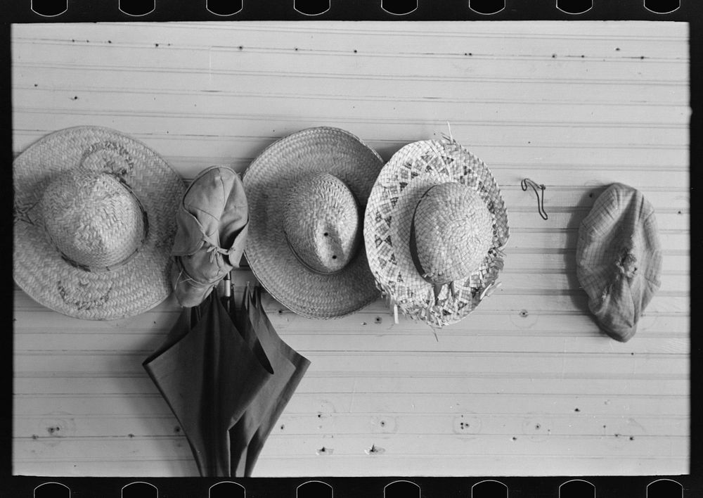 La Forge Farms, Missouri. Hats and an umbrella in a school for s near the FSA (Farm Security Administration) project for the…