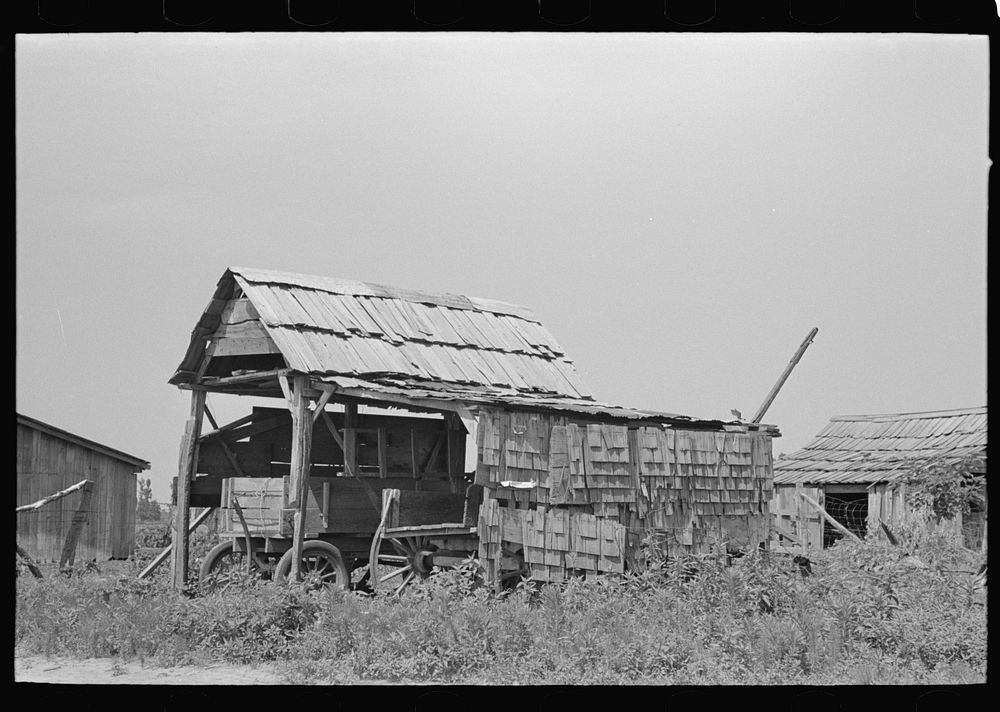 [Untitled photo, possibly related to: Shed for wagon storage, New Madrid County, Missouri] by Russell Lee